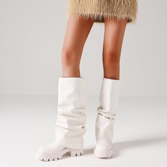 Women's White Fold Over Boots Slouchy Boots Wide Calf Pleated Platform Boots - Picture 6 of 7
